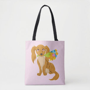 Puppy with Flower Bouquet Tote Bag