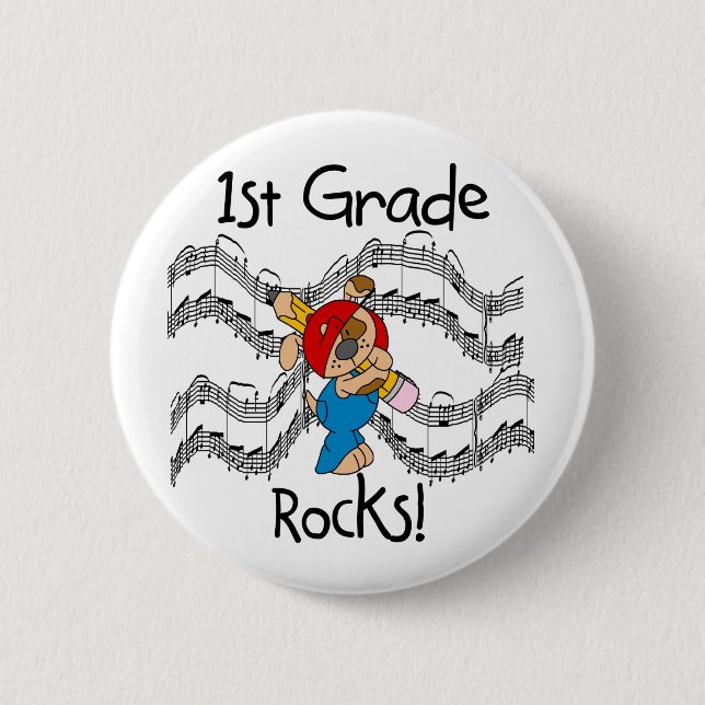 Puppy with Pencil 1st Grade Rocks 6 Cm Round Badge (Front)