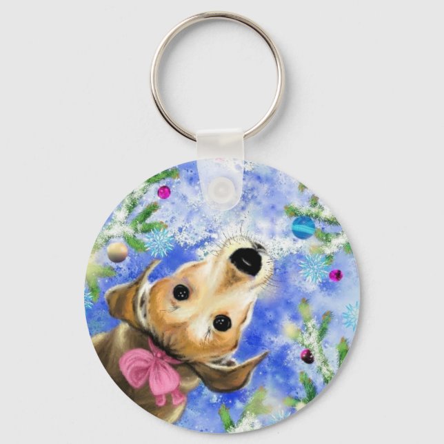 Puppy With Pink Ribbon - Cute Key Ring (Front)