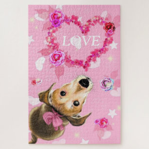 Puppy With Pink Ribbon - Love Jigsaw Puzzle