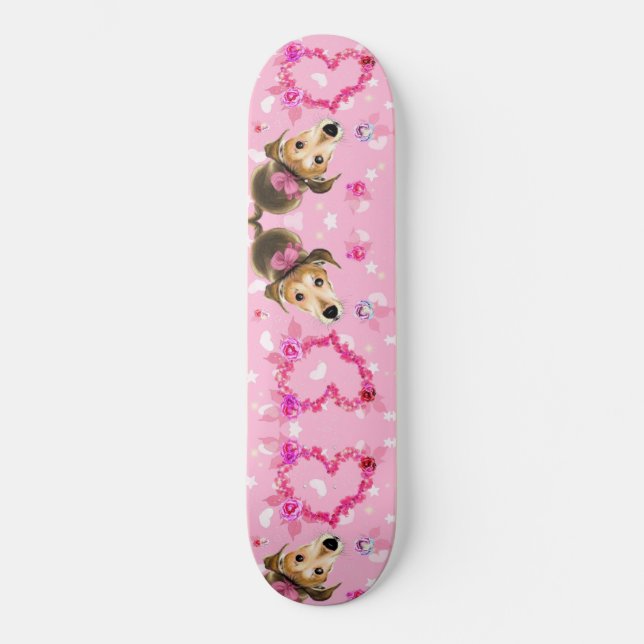 Puppy With Pink Ribbon - Love Skateboard (Front)