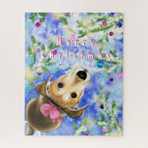 Puppy With Pink Ribbon - Merry Christmas - Jigsaw Puzzle