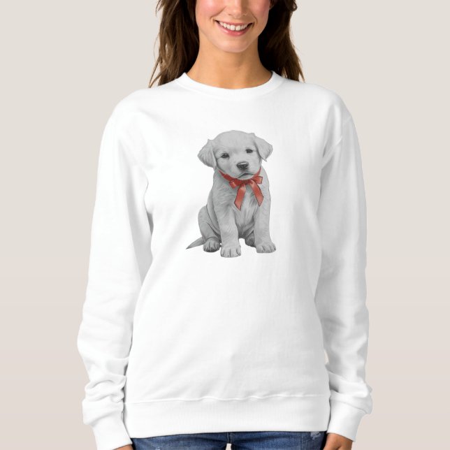 Puppy with Red Bow Sweatshirt Cute Puppy Crewneck (Front)