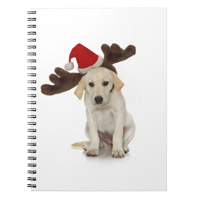 Puppy with Santa Hat and Reindeer Ears Spiral Notebook (Front)