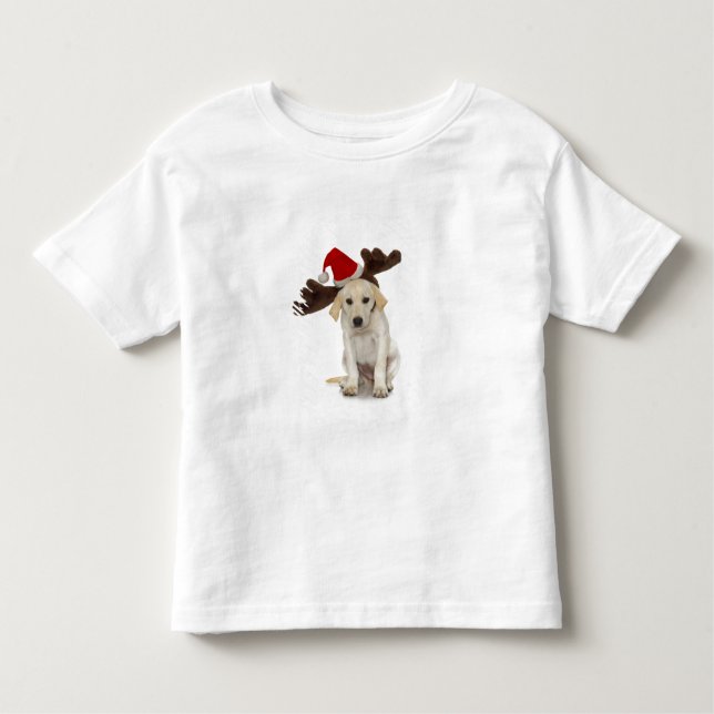 Puppy with Santa Hat and Reindeer Ears Toddler T-Shirt (Front)