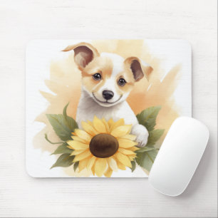 Puppy With Sunflower Mouse Pad