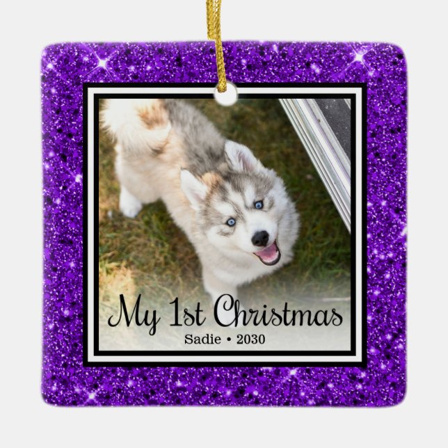 Puppy's 1st Christmas 2 Photo Ceramic Ornament (Front)