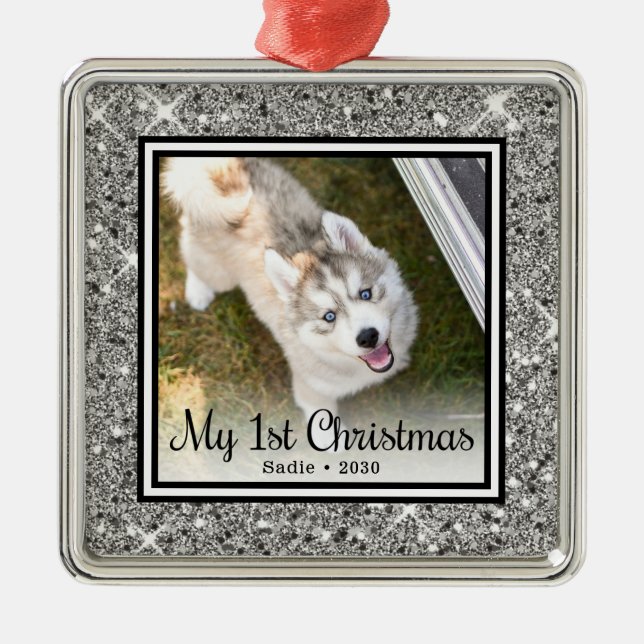 Puppy's 1st Christmas Photo Metal Tree Decoration (Front)