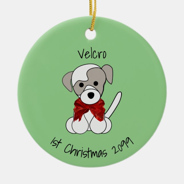 Puppy's 1st Christmas Round Upload Ceramic Tree Decoration (Front)