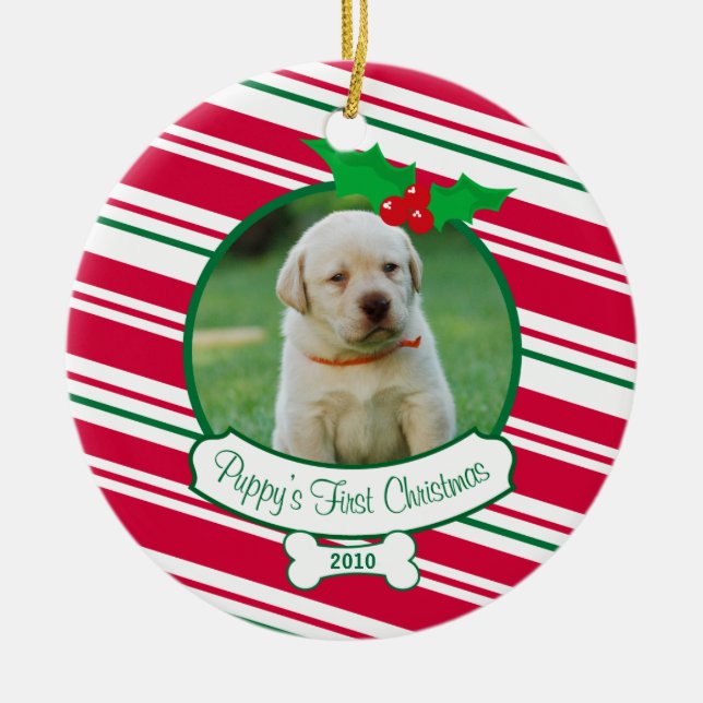 Puppy's First Christmas - Candy Cane Ceramic Tree Decoration (Front)