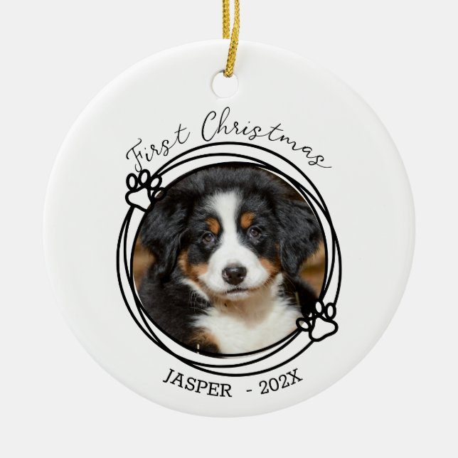 Puppy's First Christmas Dog Photo Ceramic Ornament (Front)