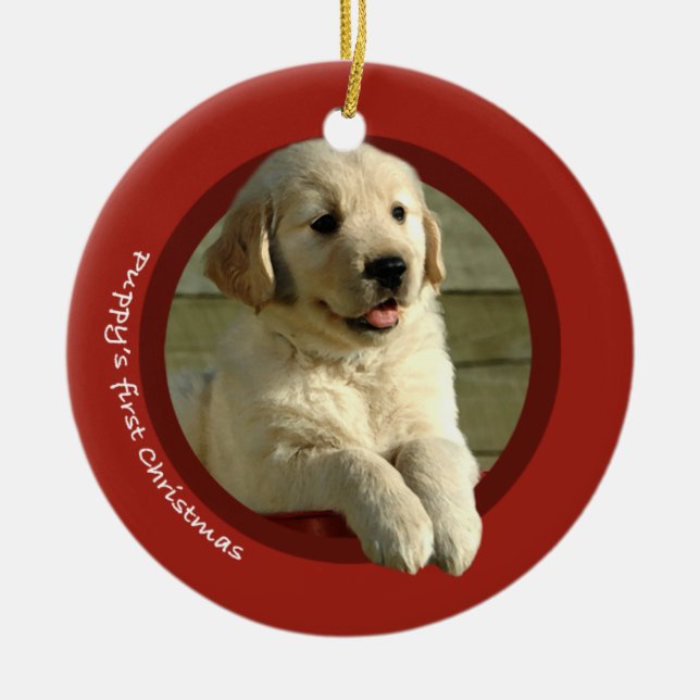 Puppy's First Christmas (Golden Retriever) Ceramic Tree Decoration (Front)