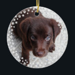 Puppy's First Christmas Holiday Ornament<br><div class="desc">Customise this round Christmas ornament with a full-bleed photo of your pet and custom text on the back memorialising your puppy's first Christmas. Great as a gift for someone with a new puppy or as a fun keepsake for your own pup's first year. Change the fonts and background colour using...</div>