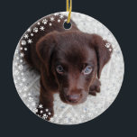 Puppy's First Christmas Holiday Ornament<br><div class="desc">Customise this round Christmas ornament with a full-bleed photo of your pet and custom text on the back memorialising your puppy's first Christmas. Great as a gift for someone with a new puppy or as a fun keepsake for your own pup's first year. Change the fonts and background colour using...</div>