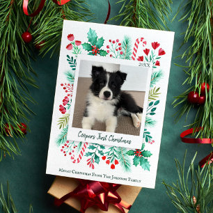 Puppy's First Christmas Photo Watercolor Botanical Holiday Card