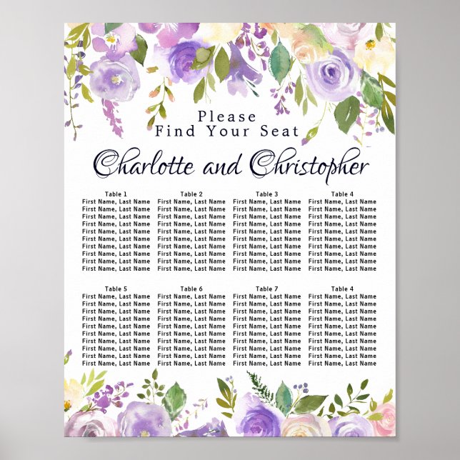 Puprle Floral 8-Table Wedding Seating Chart (Front)