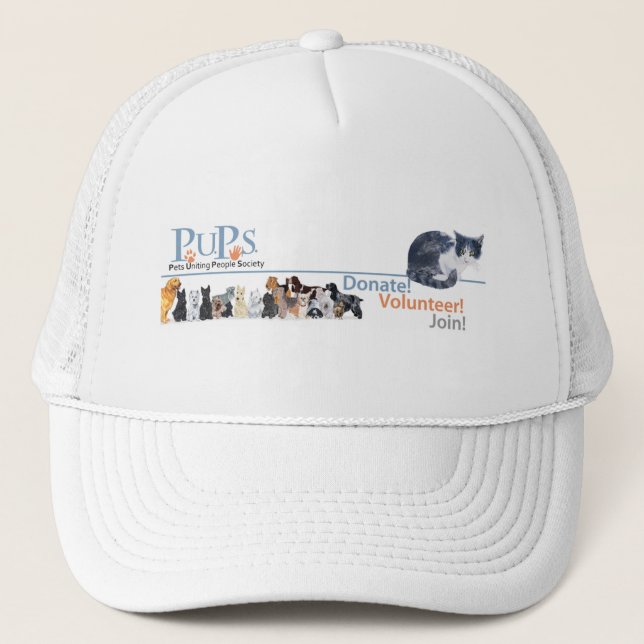 PUPs Logo Merchandise with Tuxedo Cat Trucker Hat (Front)