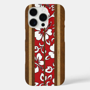 Pupukea Hibiscus Hawaiian Faux Wood Surfboard Red iPhone 16 Pro Case