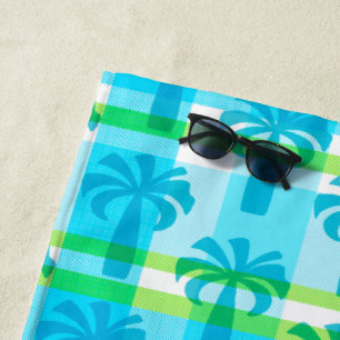 Pupule Hawaiian Vintage Palm Tree Plaid Turq Beach Towel