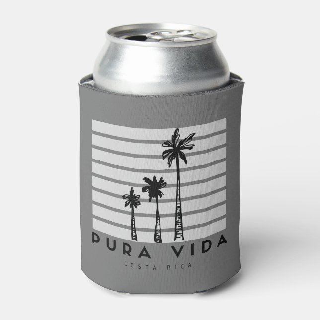 Pura Vida Costa Rica Palm Tree Grey Beer Can Cooler (Can Front)
