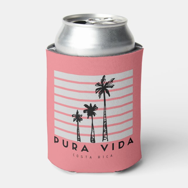 Pura Vida Costa Rica Palm Tree Pink Beer Can Cooler (Can Front)