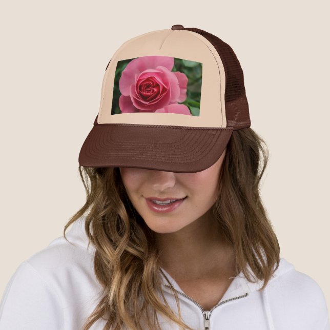 Pure Bold Pink Rose Custom Printed Tan and Brown Trucker Hat (In Situ)