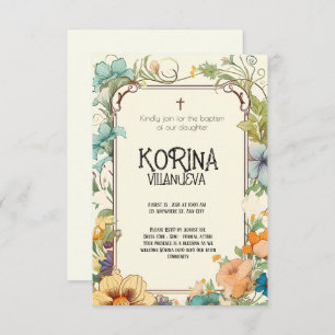 Pure Elegance: Cream & Green Simple Floral Baptism Invitation