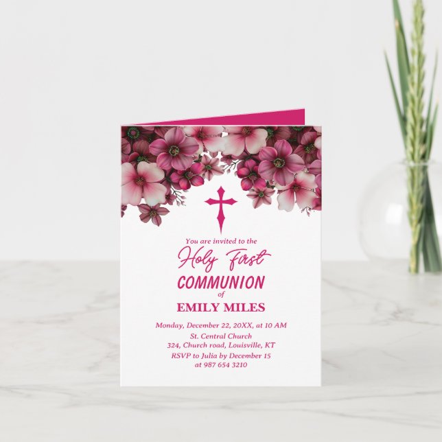 Pure Elegance floral first catholic communion Invitation (Front)