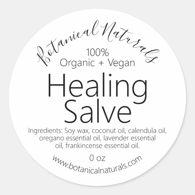 Pure Handmade Organic Vegan Healing Balm Labels (Front)