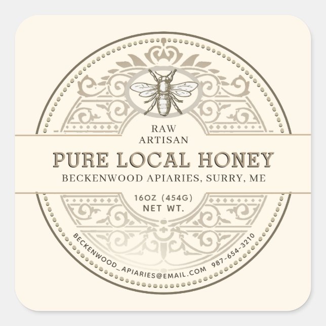 Pure Local Honey Ornate Product Label Bee Ivory (Front)