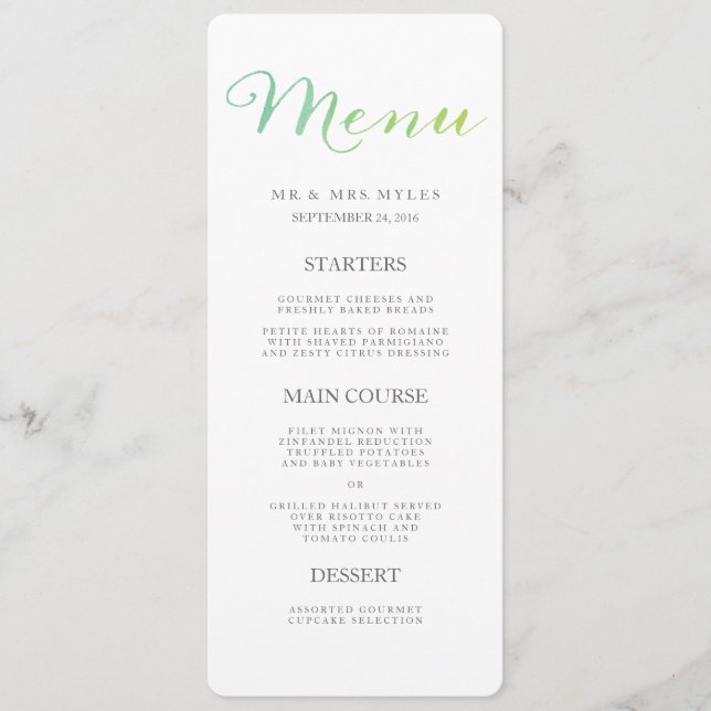 Pure Love Watercolor Wedding Menu / Lime Emerald (Front)