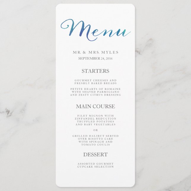 Pure Love Watercolor Wedding Menu / Ocean Blue (Front)