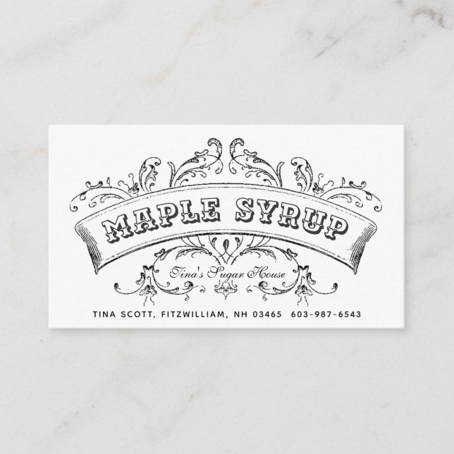 Pure Maple Syrup Old Fashioned Scroll Business Card (Front)