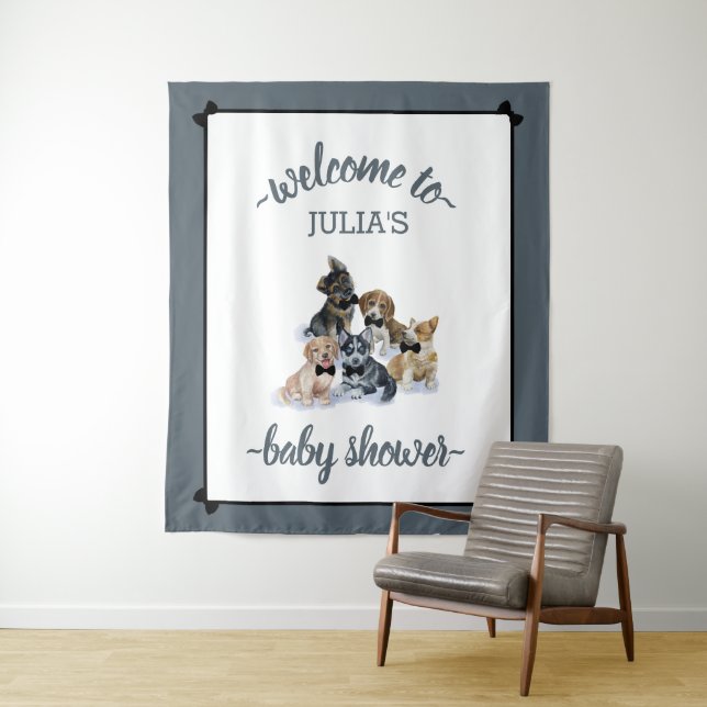 Pure Puppy | Elegant Baby Shower Backdrop Sign Tapestry (In Situ)