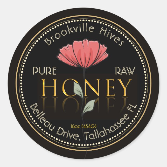 Pure Raw Honey Label Black and Gold Poppy Flower (Front)