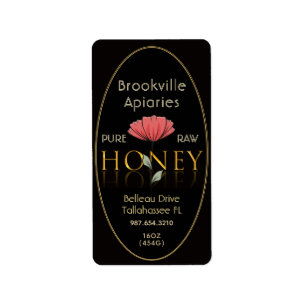 Pure Raw Honey Label Black and Gold with Flower
