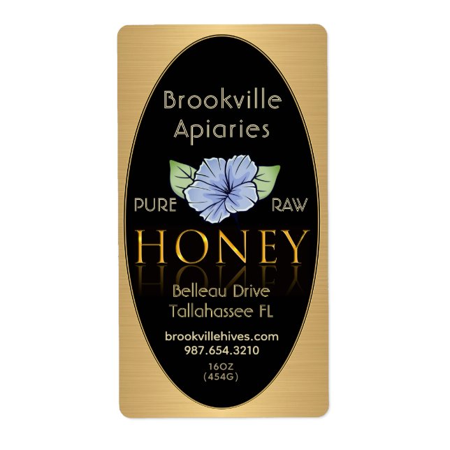 Pure Raw Honey Label Black and Gold with Flower (Front)