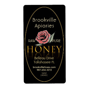 Pure Raw Honey Label Black and Gold with Rose