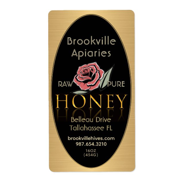 Pure Raw Honey Label Black Gold Border Rose Flower (Front)