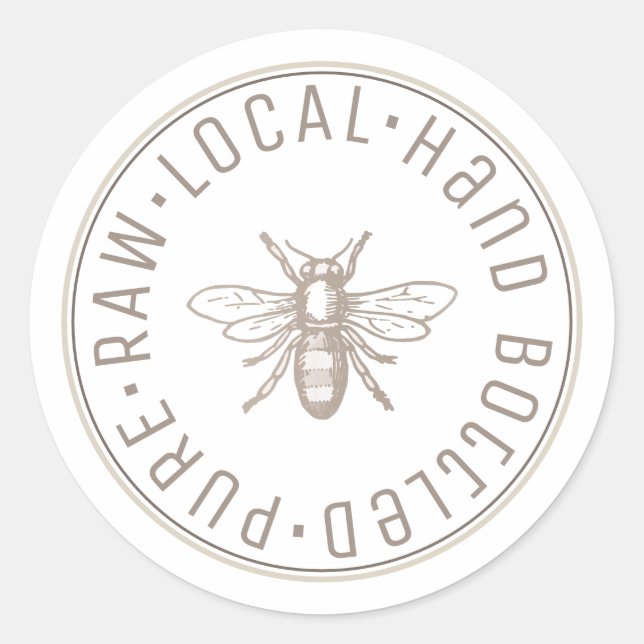 Pure Raw Local Hand Bottled Emblem Taupe Honey Classic Round Sticker (Front)