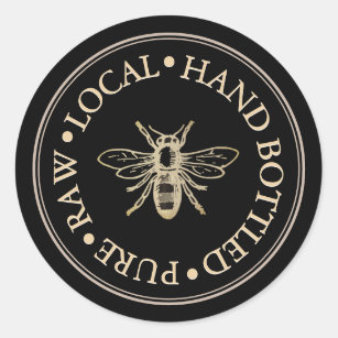 Pure Raw Local Hand Bottled Honey Black Gold Bee Classic Round Sticker