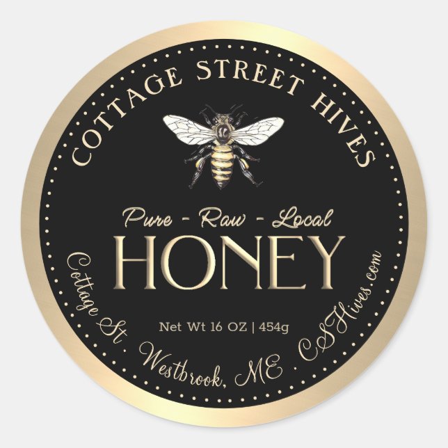 Pure Raw Local Honey Queen Bee Black Gold Border Classic Round Sticker (Front)