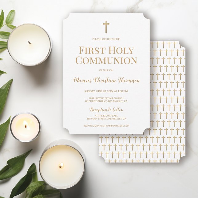 Pure White Gold Cross Boy First holy communion  Invitation (Simple, Chic, Elegant, Gold cross First holy communion invitation template.)