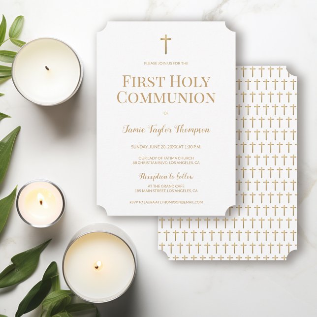 Pure White Gold Cross First holy communion  Invitation (Gender neutral First holy communion gold cross and white invitation )