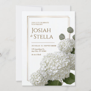 Pure White Minimalist Hydrangea Gold Frame Wedding Invitation