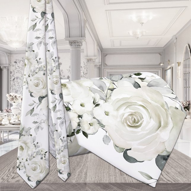 Pure White Roses & Silver Eucalyptus Wedding Tie (Creator Uploaded)