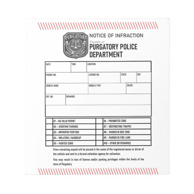 Purgatory Police Department Notice Notepad (Front)