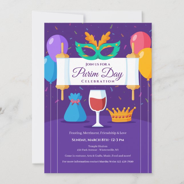 Purim Day Celebration Invitation/Announcement Invitation (Front)