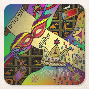 Purim Esther Celebration Art Print Square Paper Coaster