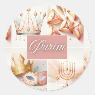 Purim Jewish Esther Pink Gold Watercolor Cute Classic Round Sticker